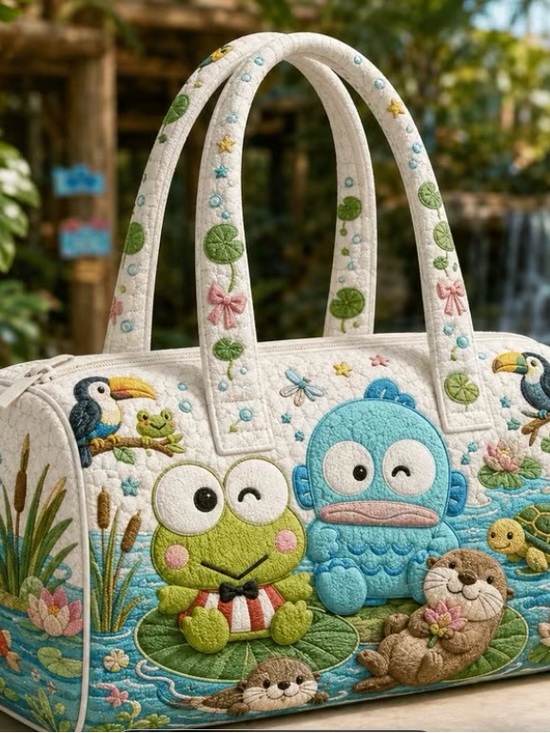 Sanrio Handbags - Sanrio Quilted Satchel in White, Green, Blue with Pond Friends